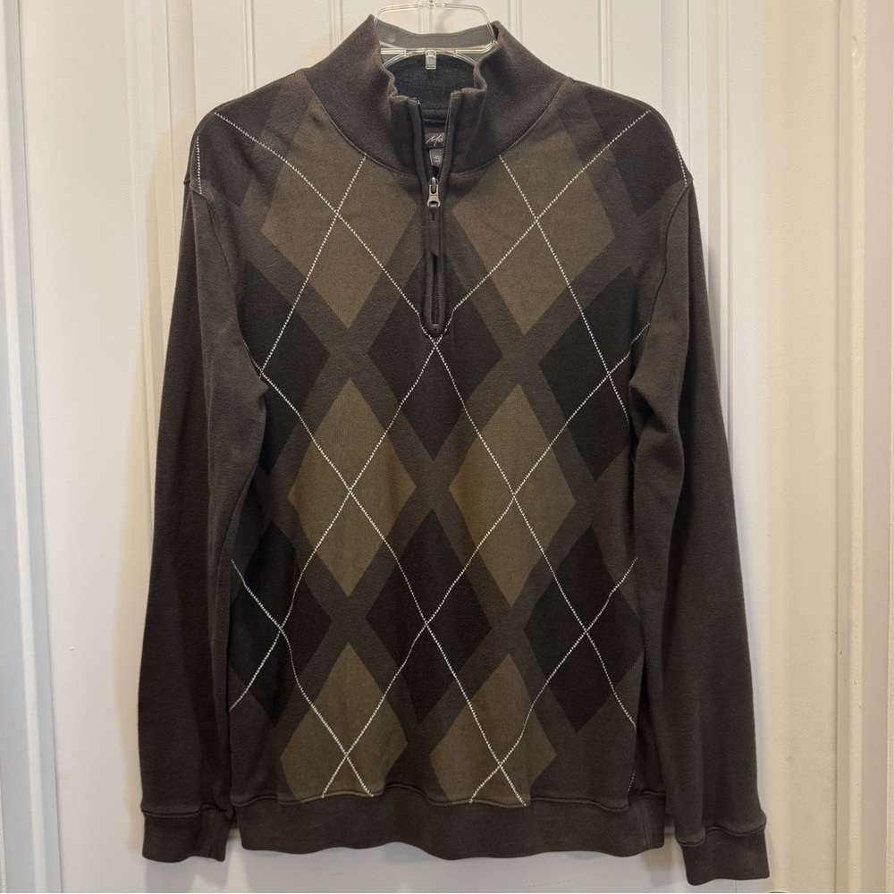 Method Sweater Mens Medium Argyle 1/4 Zip Mock Neck Knit Greenish & Black Preppy